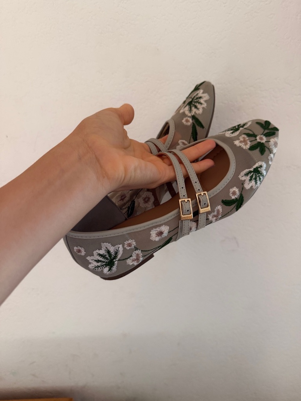 Kenneth Cole Reaction Taupe Embroidered Mary Jane Flats with Double Straps